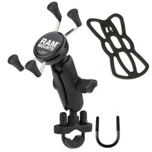 Load image into Gallery viewer, RAM Mount Handlebar Rail Mount w/Zinc Coated U-Bolt Base and Universal X-Grip Cell/iPhone Cradle [RAM-B-149Z-UN7U]
