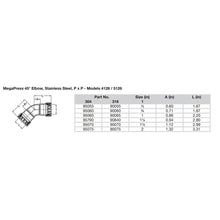 Load image into Gallery viewer, Viega MegaPress 1-1/2" 45 Stainless Steel 304 Elbow - Double Press Connection - Smart Connect Technology [95070]
